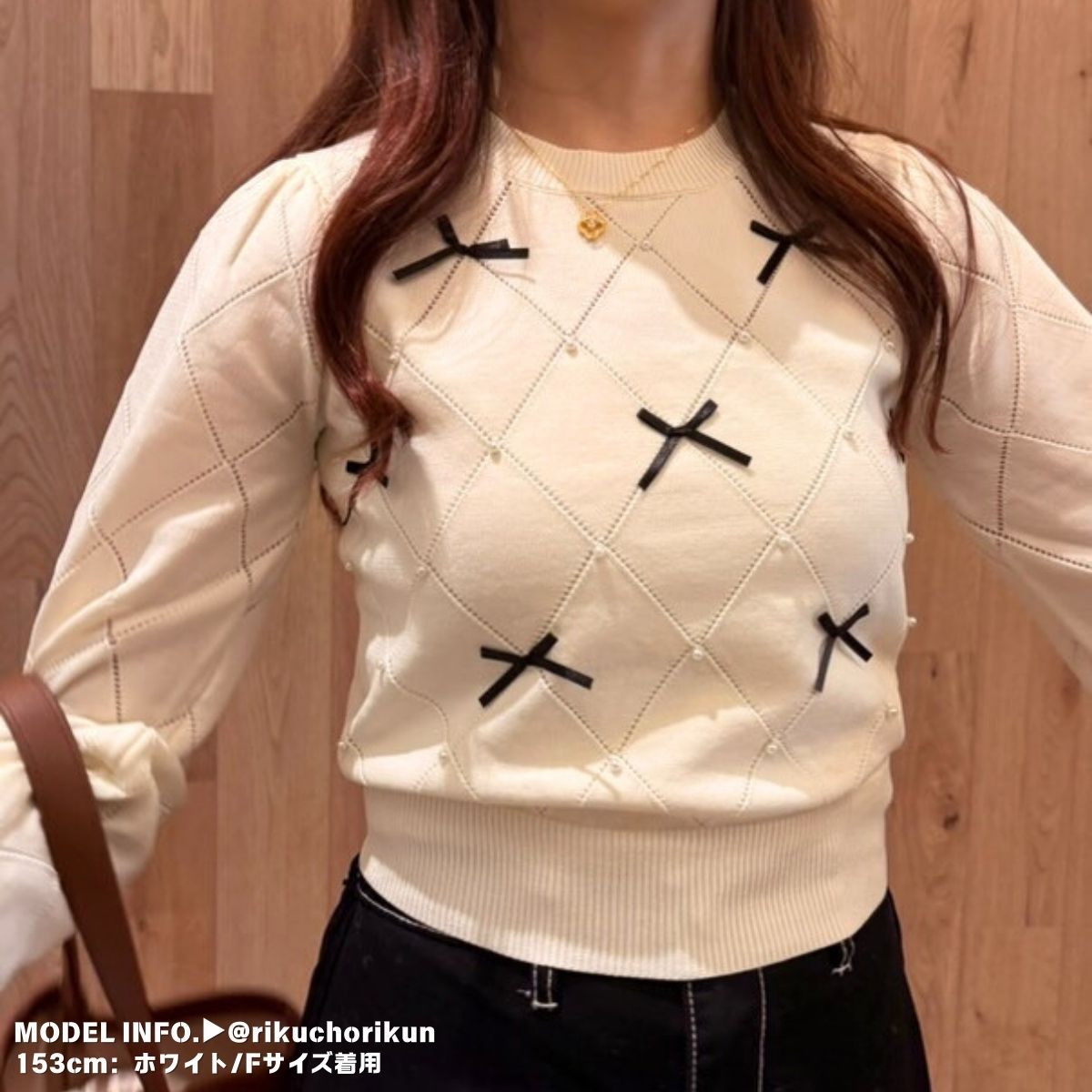 透かし編みニット リボン レディース ダイヤ柄 パール ショート丈 クルーネック 韓国ファッション Belle Cie ST/No.22041