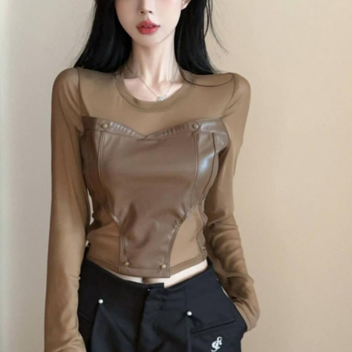 Tops/シアー切替フェイクレザートップス ST/No.22146