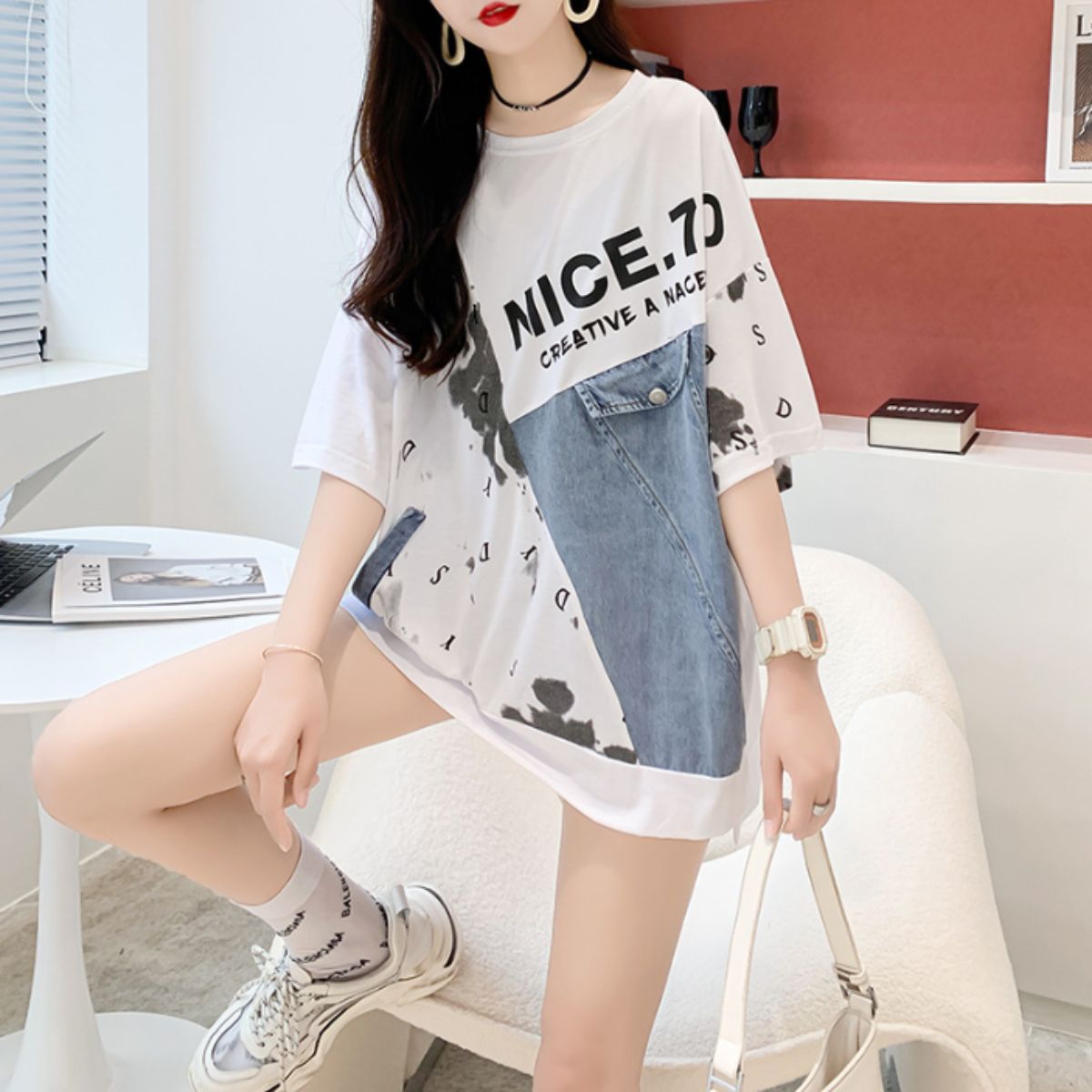 T-Shirts/デニム切り替えデザインTシャツ ST/No.22149