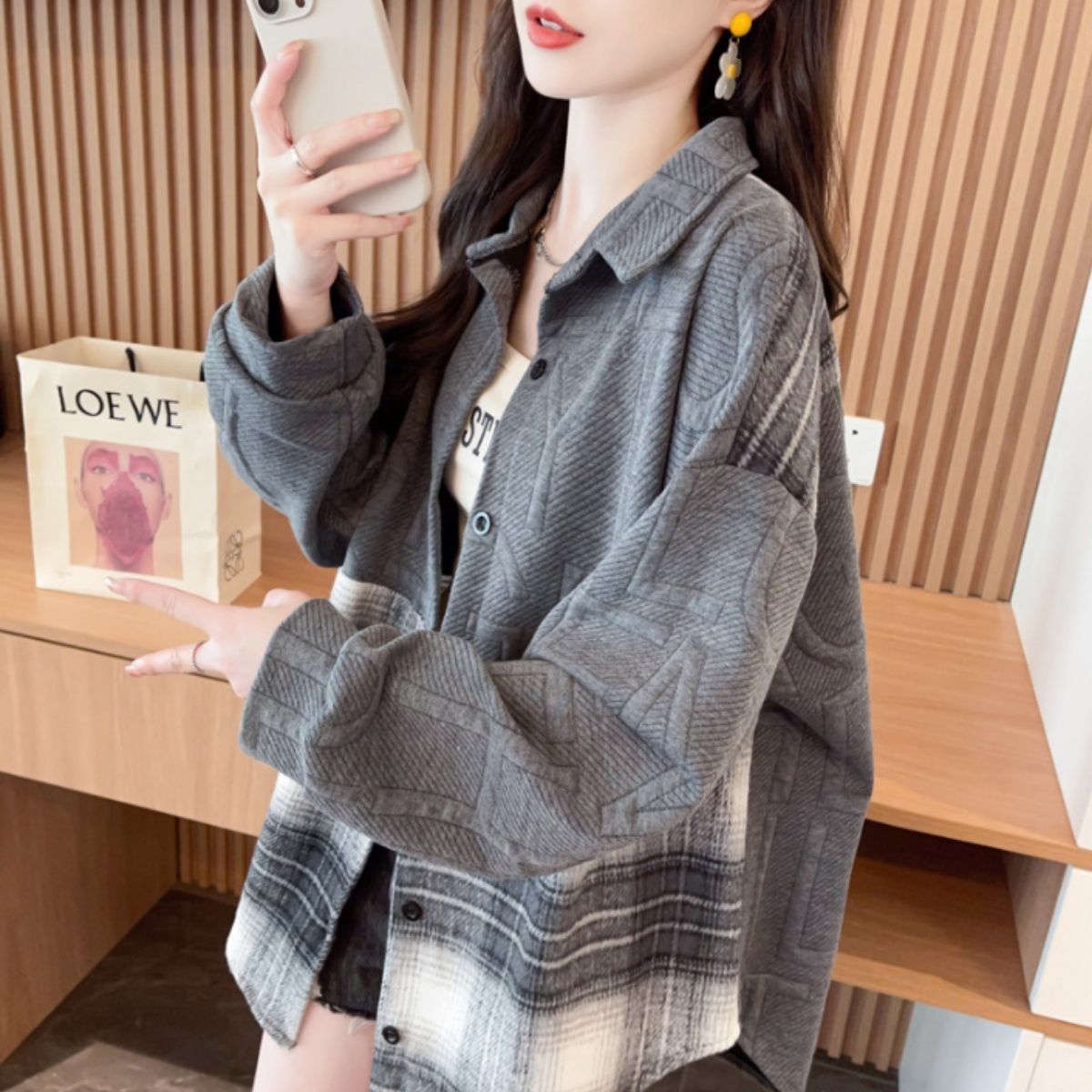 Shirts/ロゴ×チェック切替シャツアウター ST/No.22291