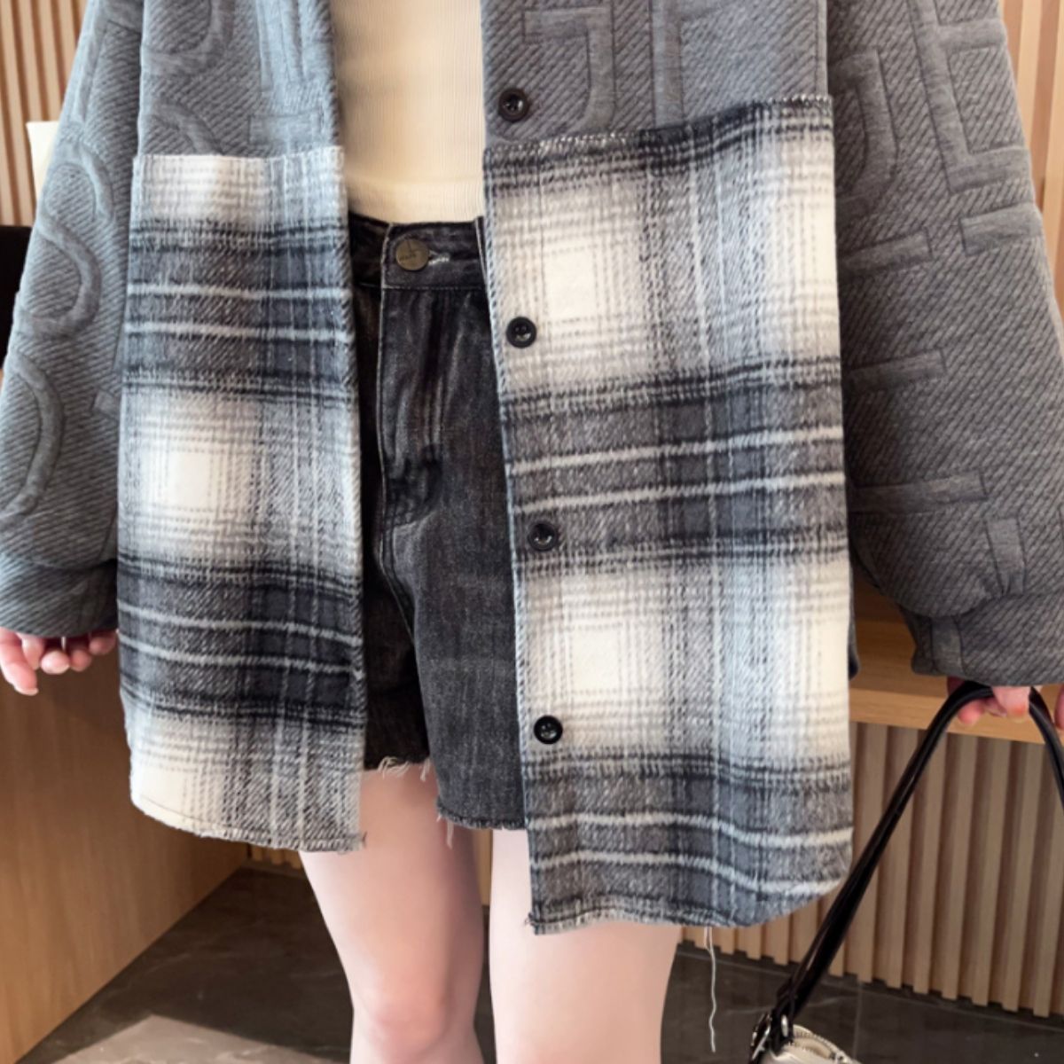 Shirts/ロゴ×チェック切替シャツアウター ST/No.22291