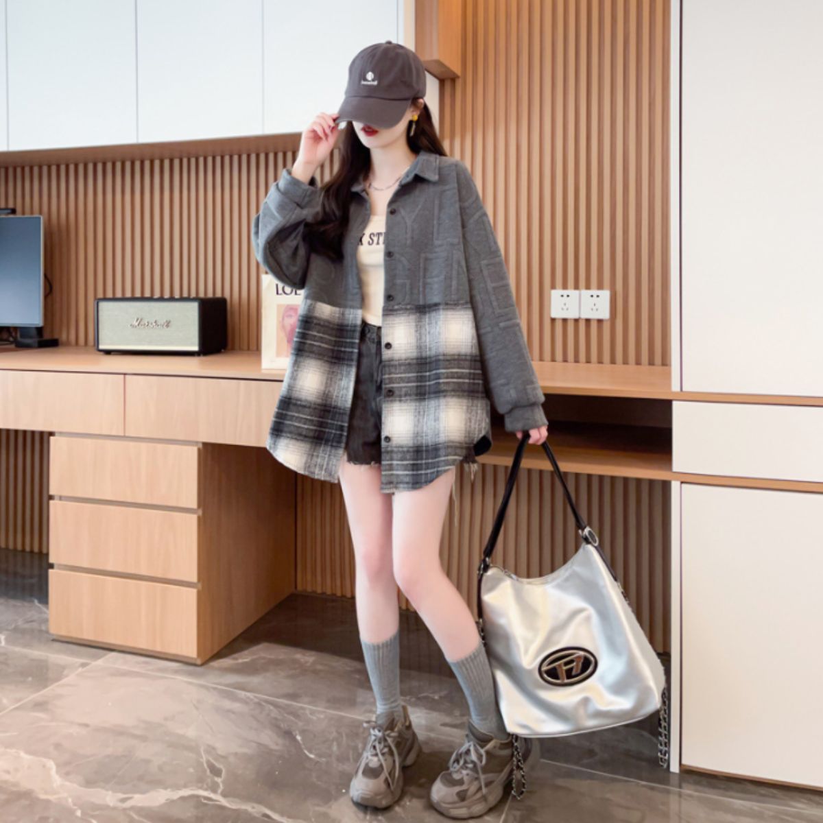 Shirts/ロゴ×チェック切替シャツアウター ST/No.22291