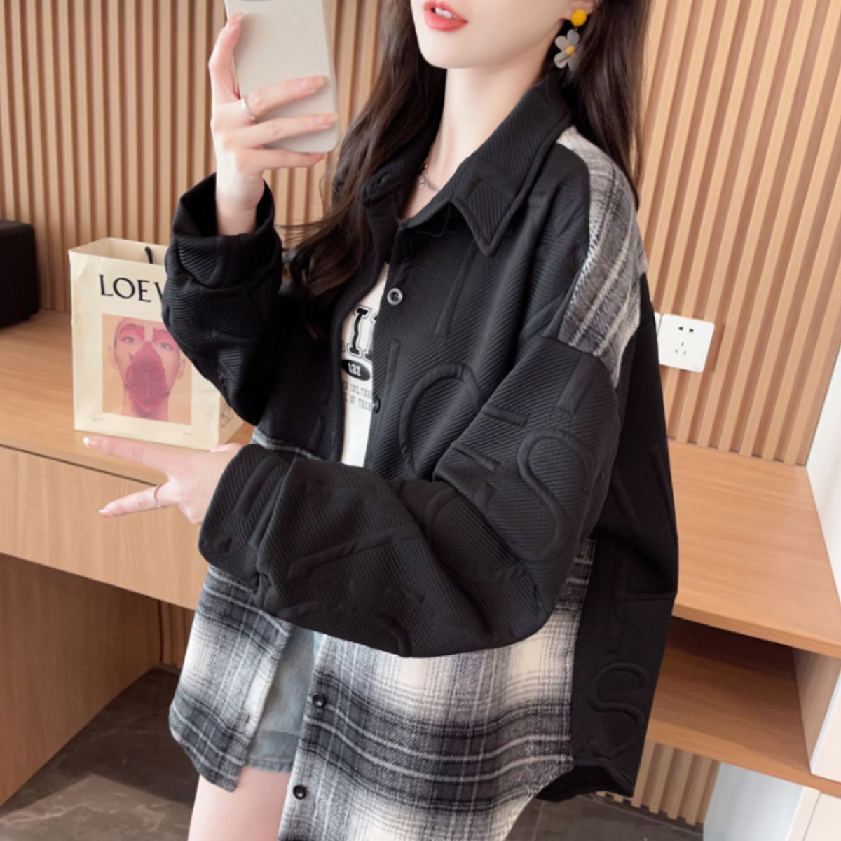 Shirts/ロゴ×チェック切替シャツアウター ST/No.22291