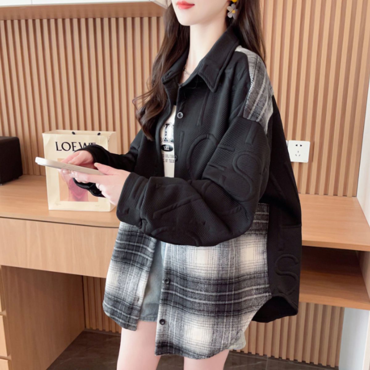 Shirts/ロゴ×チェック切替シャツアウター ST/No.22291