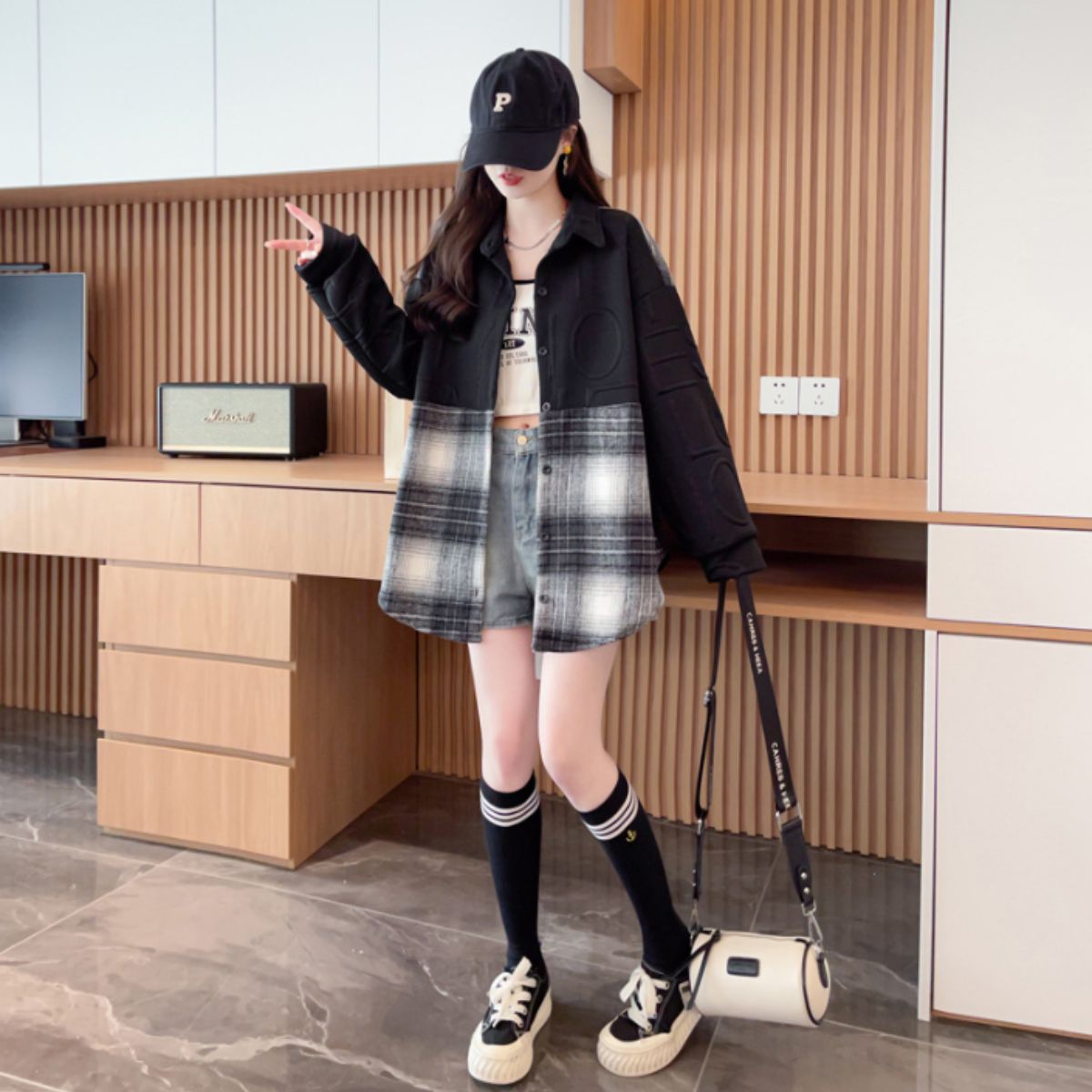 Shirts/ロゴ×チェック切替シャツアウター ST/No.22291