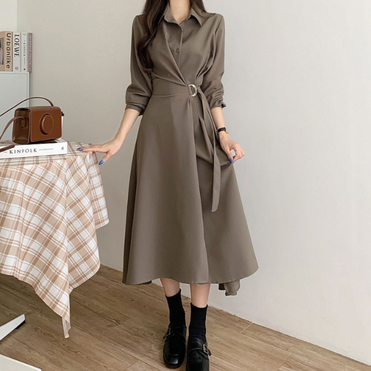 シャツワンピース ロング レディース ウエストマーク Aライン 長袖 通勤 Belle Cie ST/No.22339
