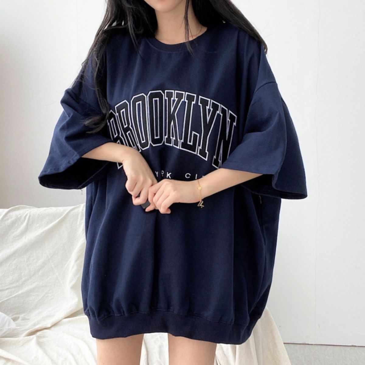 カレッジロゴTシャツ 半袖 ビッグシルエット チュニック 体型カバー レディース 韓国 Belle Cie ST/No.22396