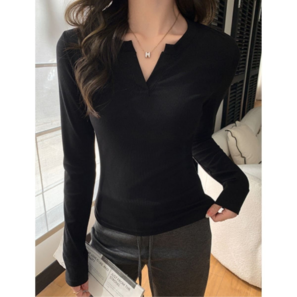キーネックリブロンT 長袖Tシャツ 長袖カットソー リブTシャツ レディース Belle Cie ST/No.22447