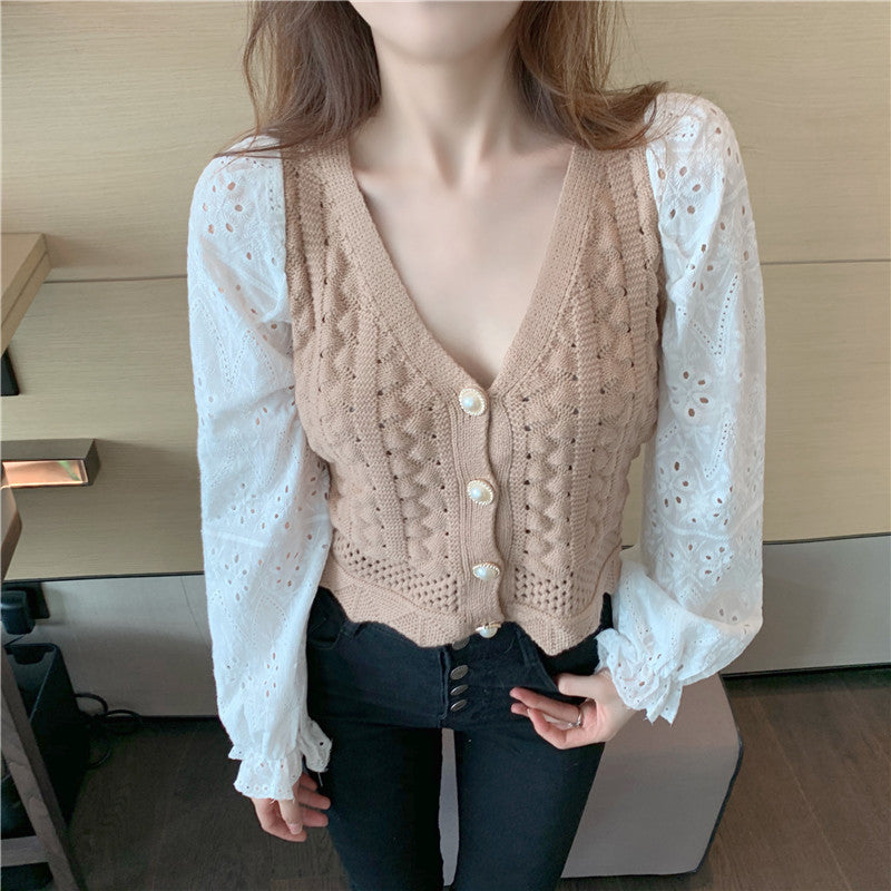 Knit / Vネックカラミレース袖カーデ ST/No.27227