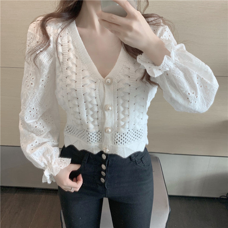 Knit / Vネックカラミレース袖カーデ ST/No.27227