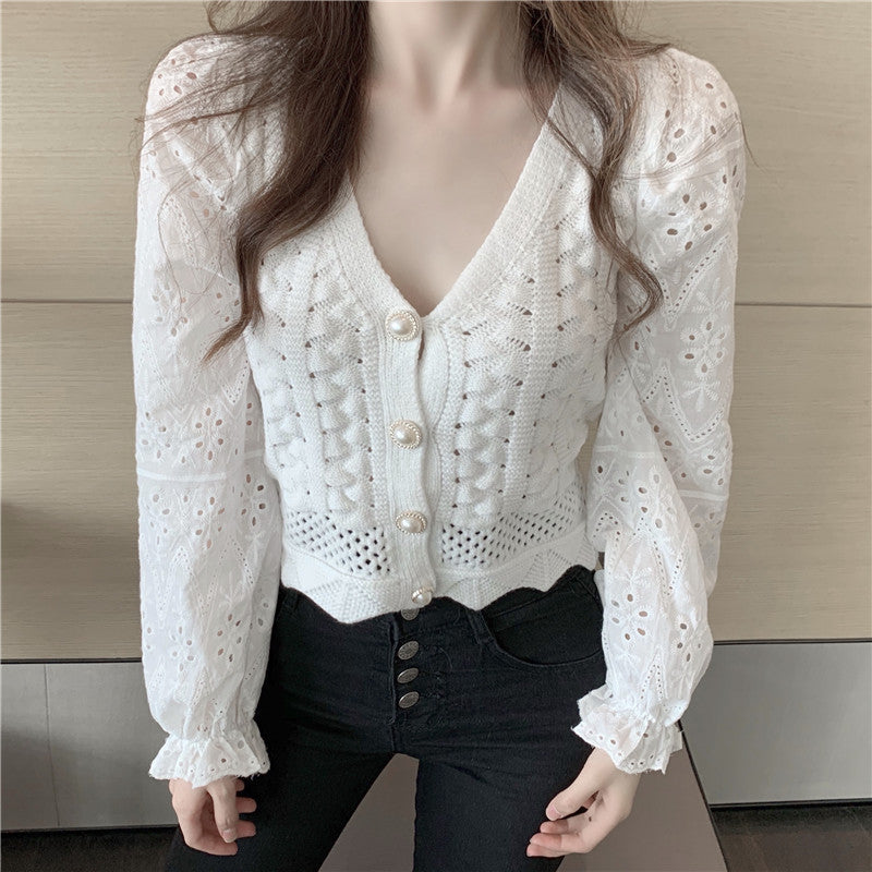 Knit / Vネックカラミレース袖カーデ ST/No.27227