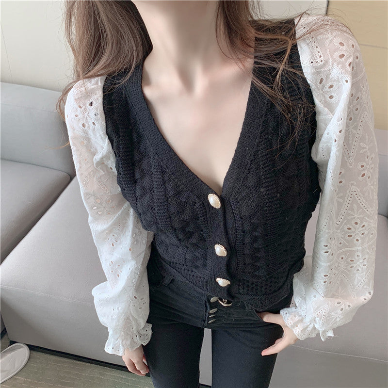 Knit / Vネックカラミレース袖カーデ ST/No.27227