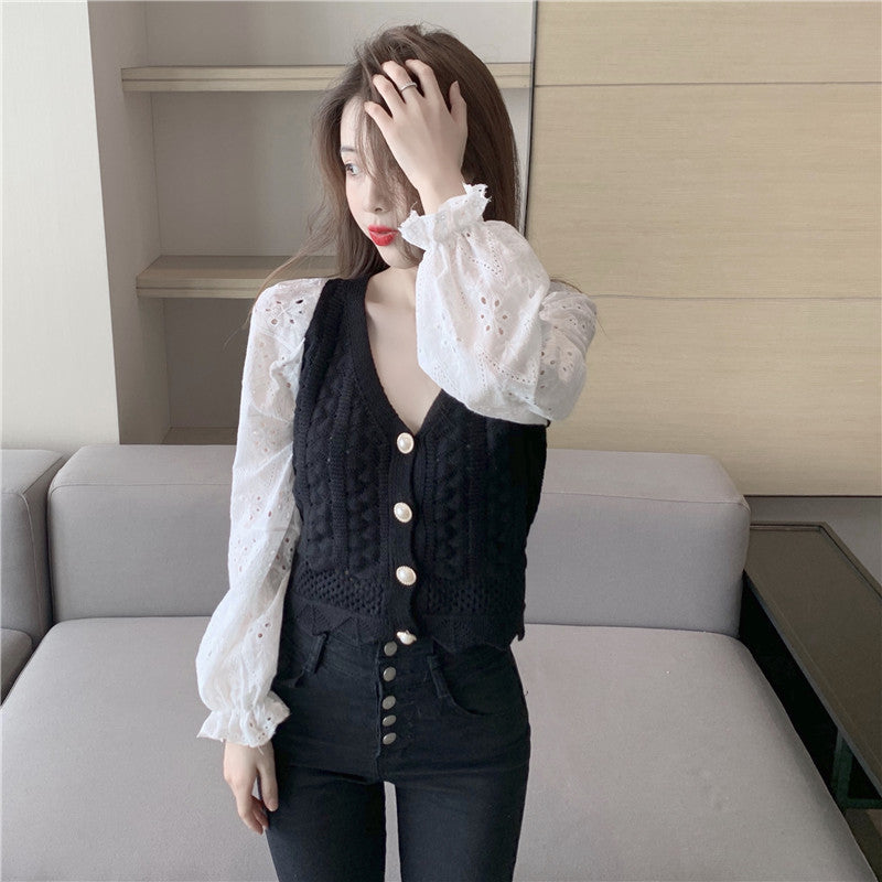 Knit / Vネックカラミレース袖カーデ ST/No.27227
