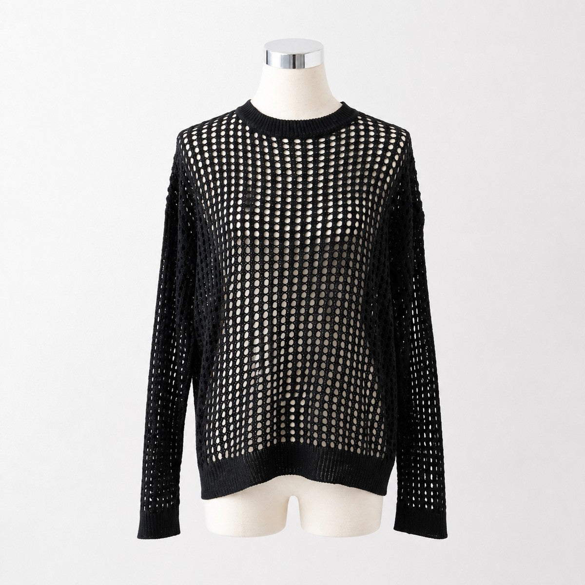 Knit/メッシュニットルーズトップス ST/No.22018 ブラック 実物撮影 正面