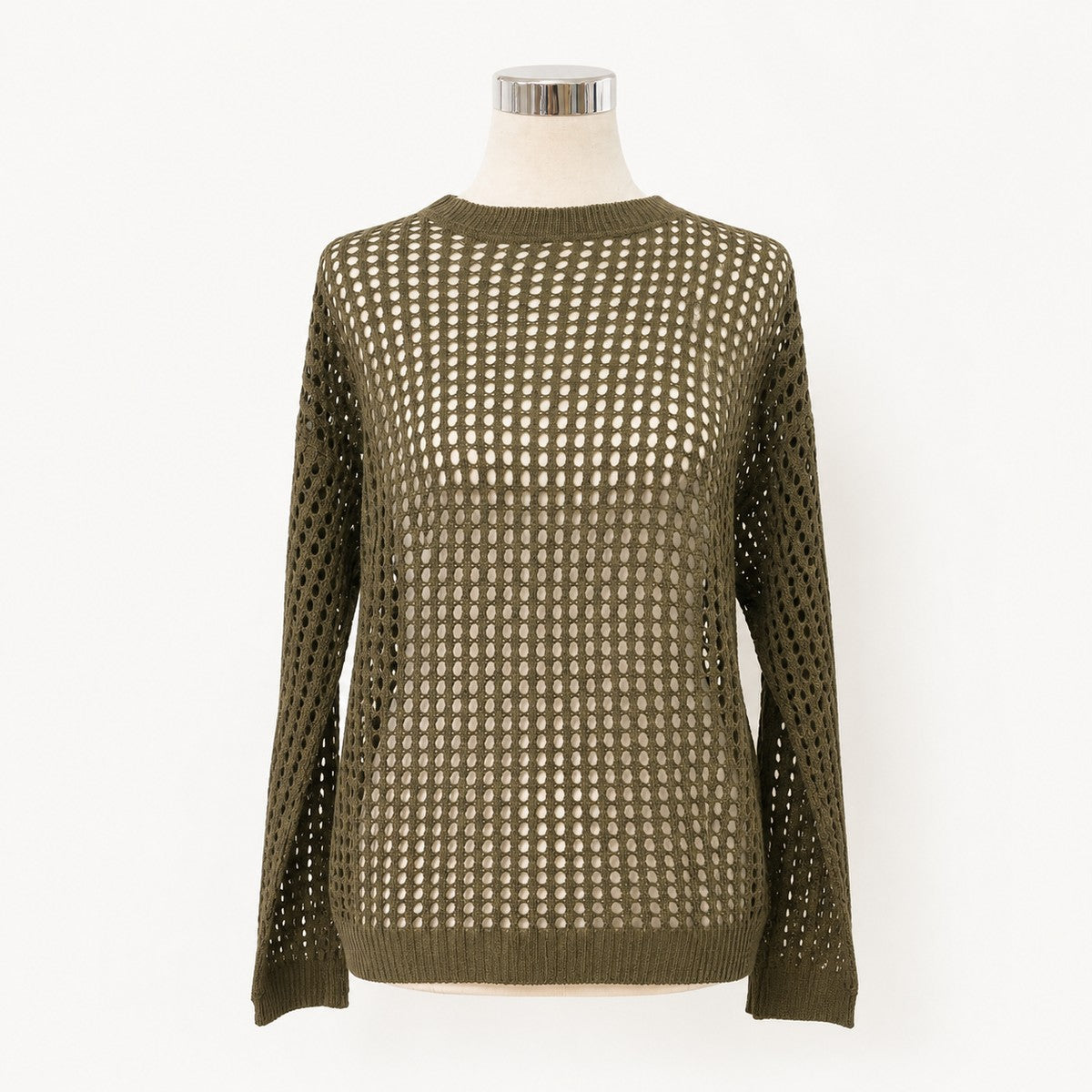 Knit/メッシュニットルーズトップス ST/No.22018 カーキ 実物撮影 正面