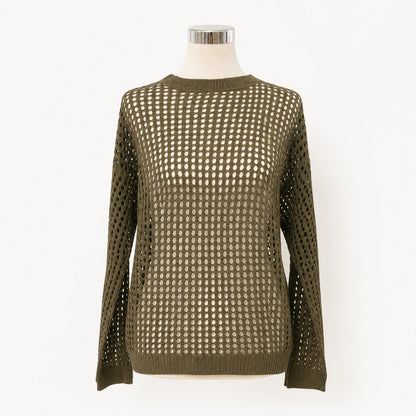 Knit/メッシュニットルーズトップス ST/No.22018 カーキ 実物撮影 正面