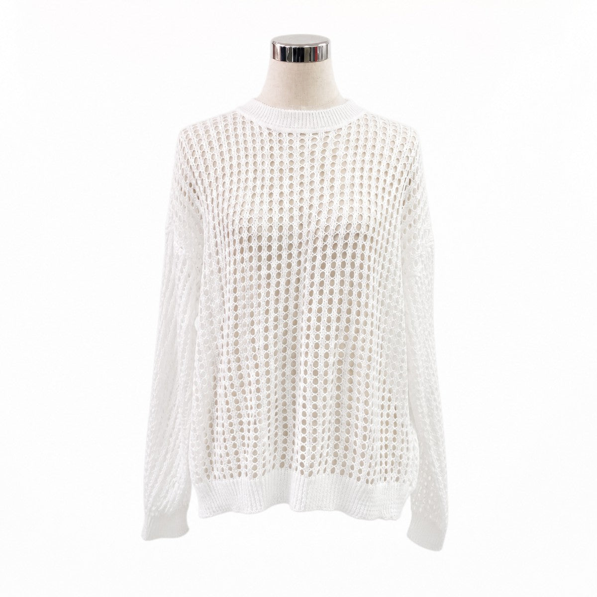 Knit/メッシュニットルーズトップス ST/No.22018 ホワイト 実物撮影 正面
