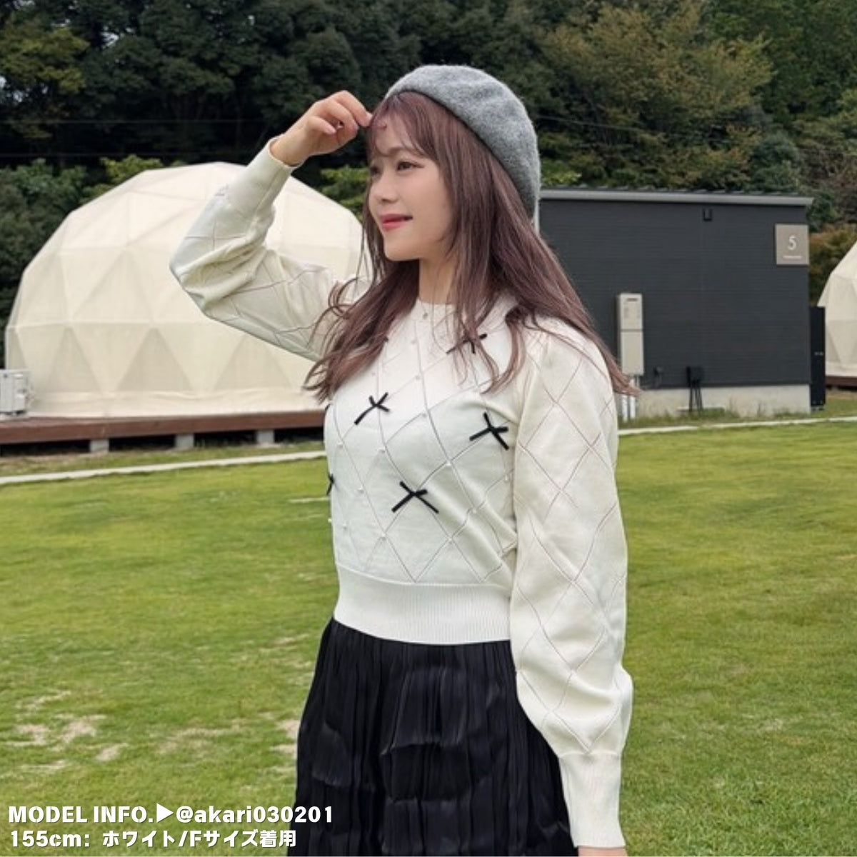 Knit/透かしダイヤ柄リボントップス ST/No.22041