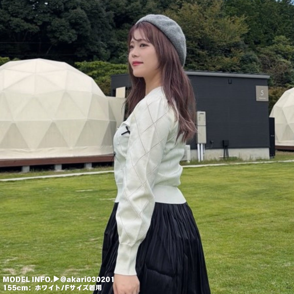 Knit/透かしダイヤ柄リボントップス ST/No.22041