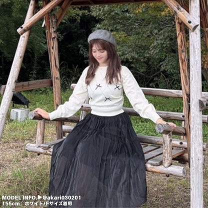 Knit/透かしダイヤ柄リボントップス ST/No.22041