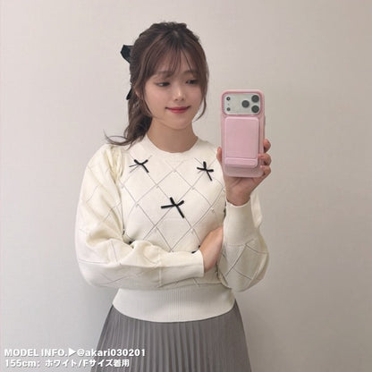 Knit/透かしダイヤ柄リボントップス ST/No.22041