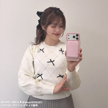 Knit/透かしダイヤ柄リボントップス ST/No.22041