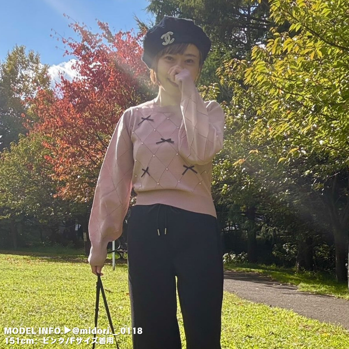 Knit/透かしダイヤ柄リボントップス ST/No.22041