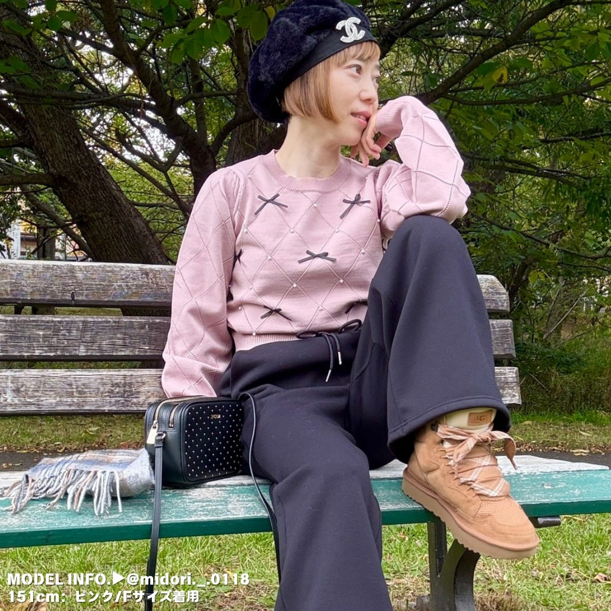 Knit/透かしダイヤ柄リボントップス ST/No.22041