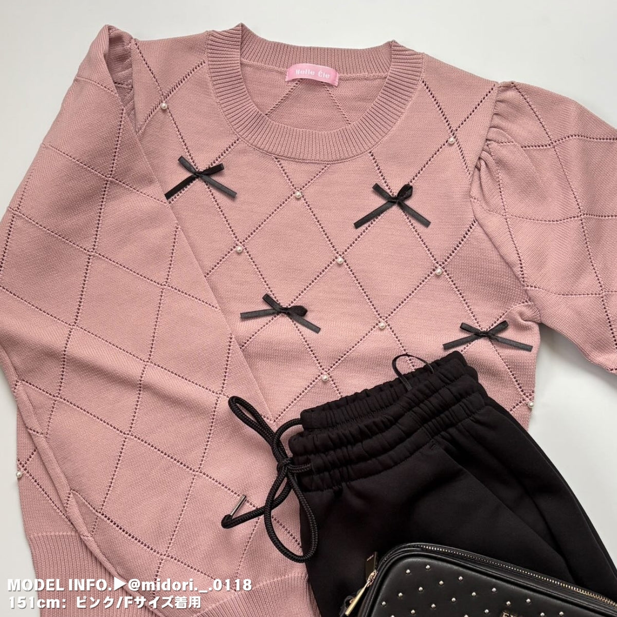 Knit/透かしダイヤ柄リボントップス ST/No.22041