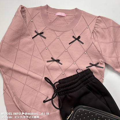 Knit/透かしダイヤ柄リボントップス ST/No.22041