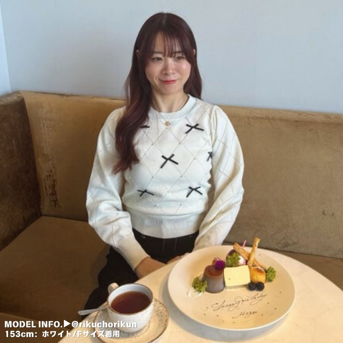 Knit/透かしダイヤ柄リボントップス ST/No.22041