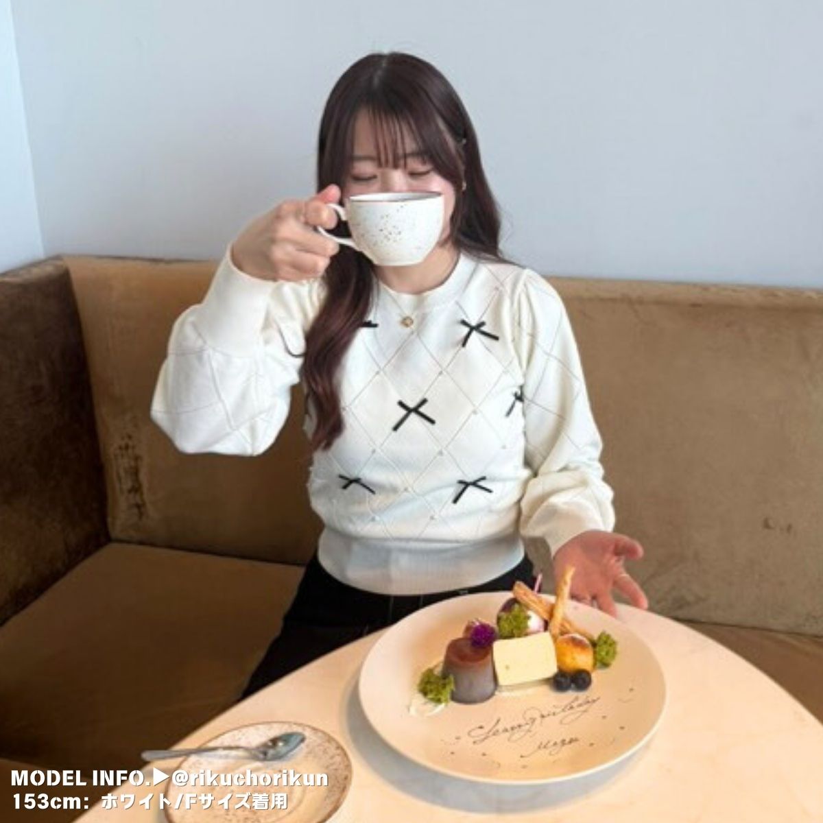 Knit/透かしダイヤ柄リボントップス ST/No.22041