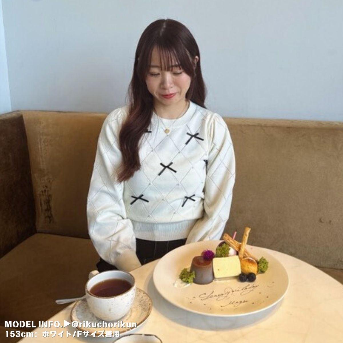 Knit/透かしダイヤ柄リボントップス ST/No.22041