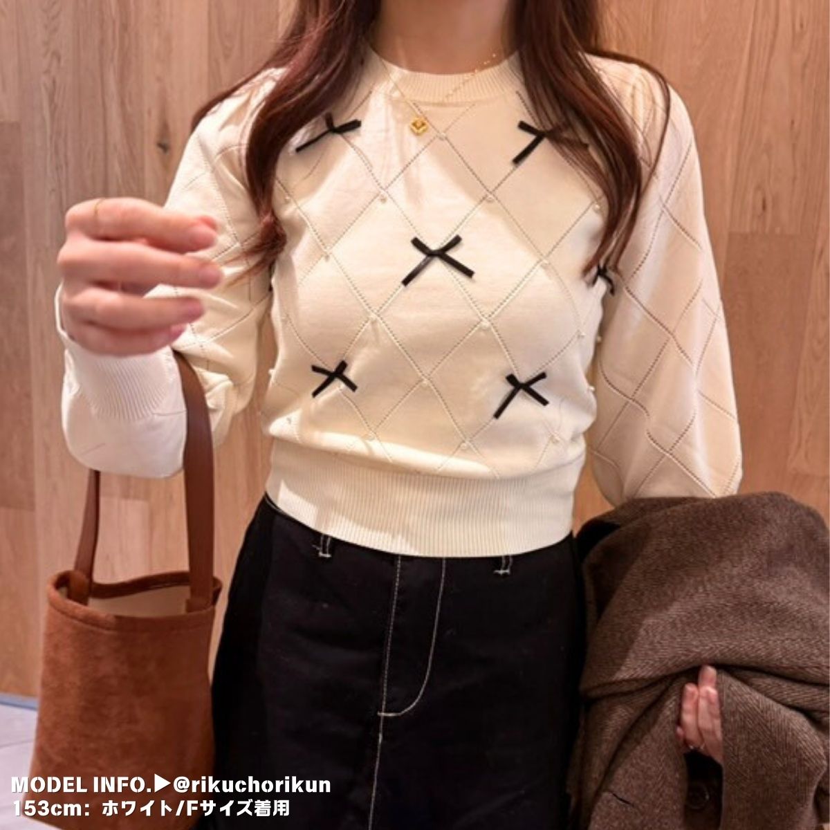 Knit/透かしダイヤ柄リボントップス ST/No.22041