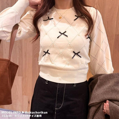 Knit/透かしダイヤ柄リボントップス ST/No.22041