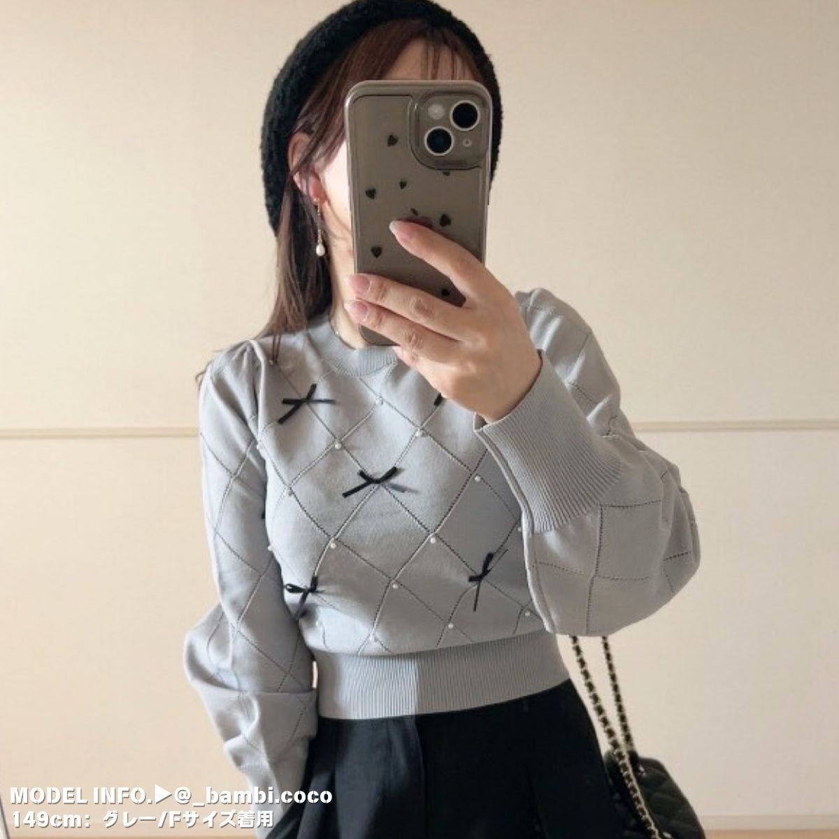 Knit/透かしダイヤ柄リボントップス ST/No.22041