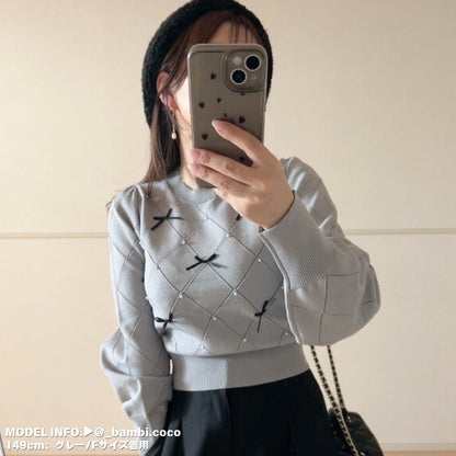 Knit/透かしダイヤ柄リボントップス ST/No.22041