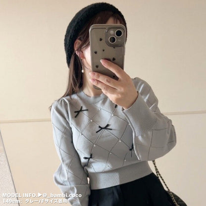 Knit/透かしダイヤ柄リボントップス ST/No.22041