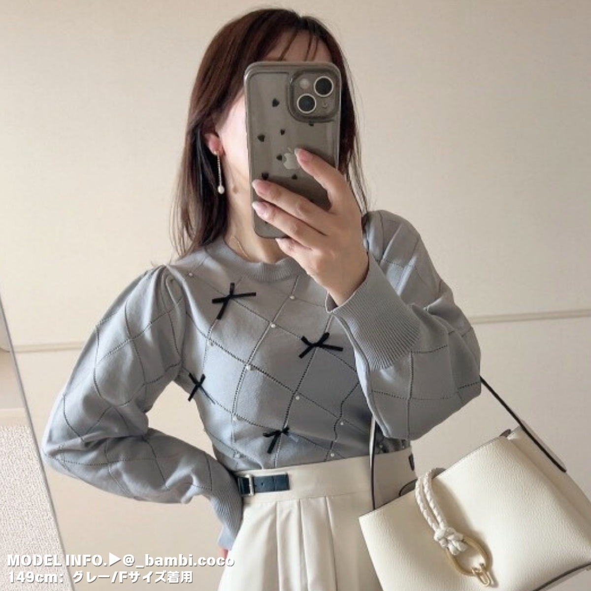 Knit/透かしダイヤ柄リボントップス ST/No.22041