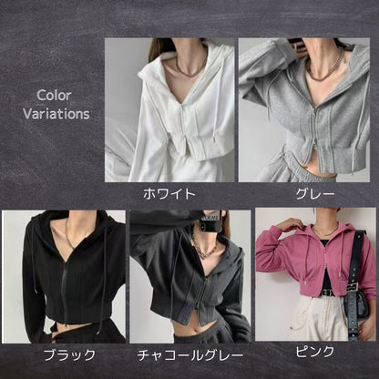 ジップパーカー レディース ショート丈 クロップド スウェット 軽防寒 羽織り 韓国ファッション Belle Cie ST/No.22083