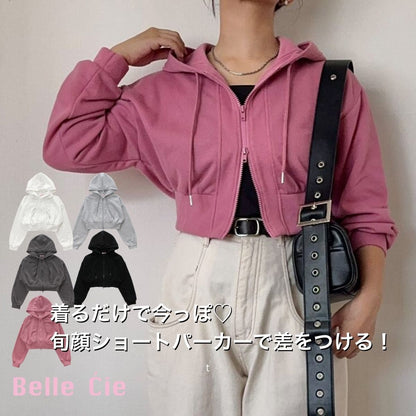 ジップパーカー レディース ショート丈 クロップド スウェット 軽防寒 羽織り 韓国ファッション Belle Cie ST/No.22083