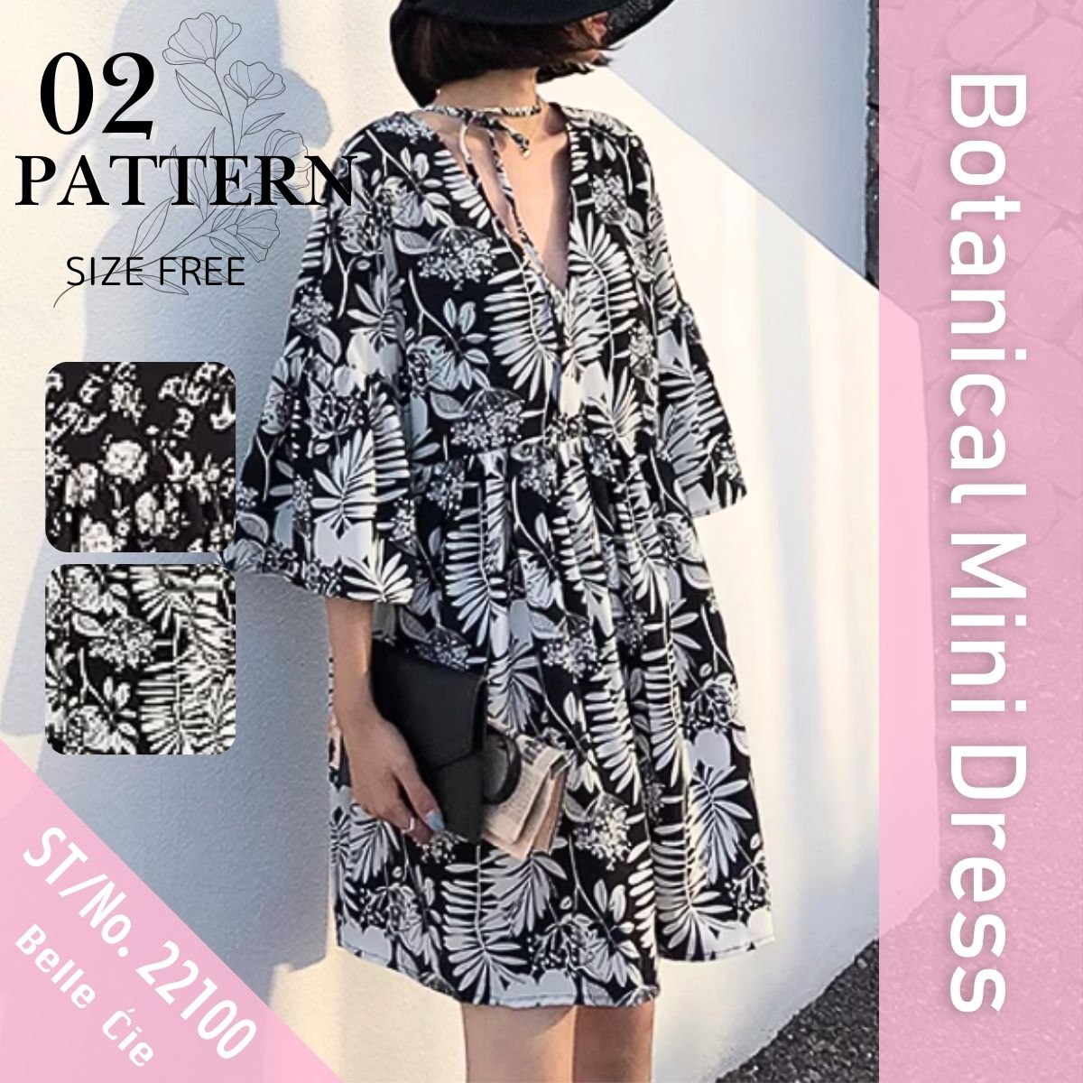 Dress/モノトーンボタニカルワンピース ST/No.22100