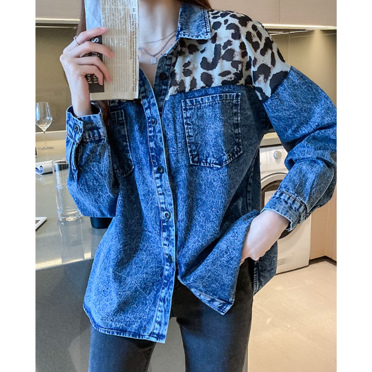 Shirts/レオパード切替デニムシャツ ST/No.22109