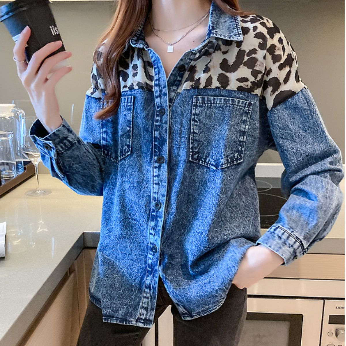 Shirts/レオパード切替デニムシャツ ST/No.22109