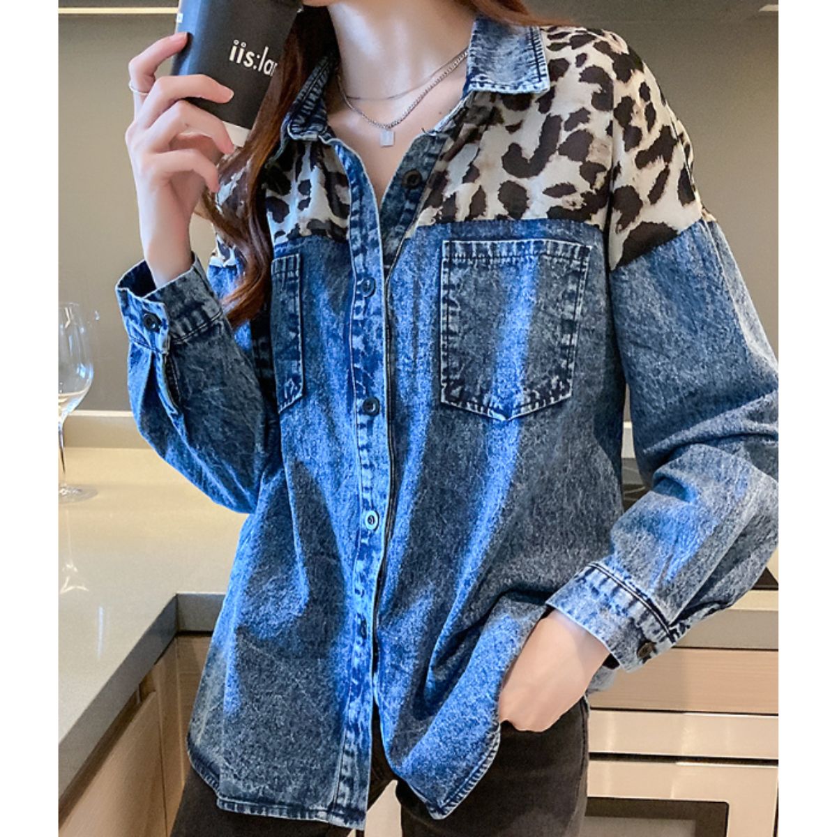 Shirts/レオパード切替デニムシャツ ST/No.22109