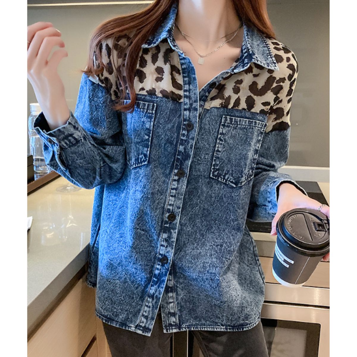 Shirts/レオパード切替デニムシャツ ST/No.22109