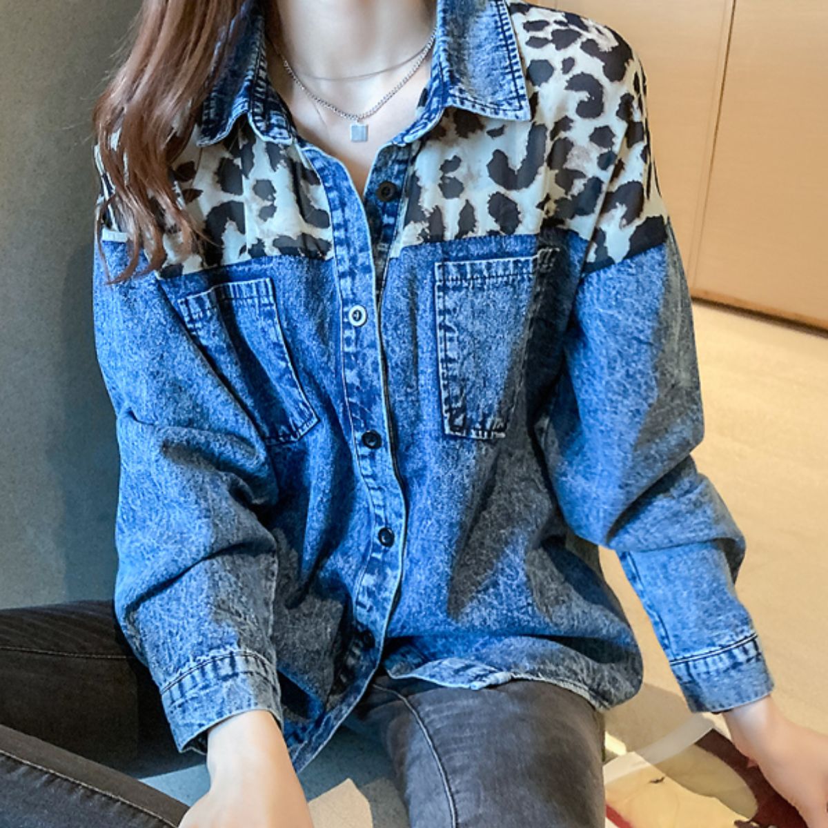 Shirts/レオパード切替デニムシャツ ST/No.22109