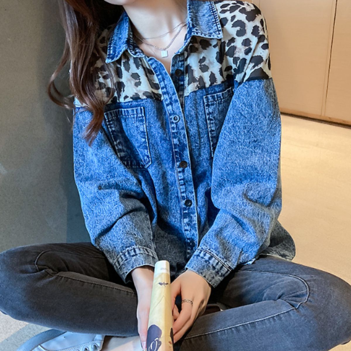 Shirts/レオパード切替デニムシャツ ST/No.22109