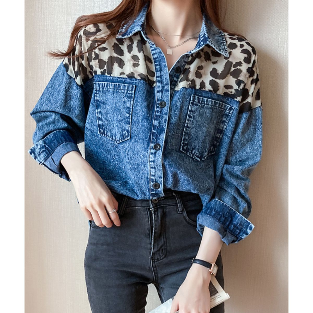 Shirts/レオパード切替デニムシャツ ST/No.22109