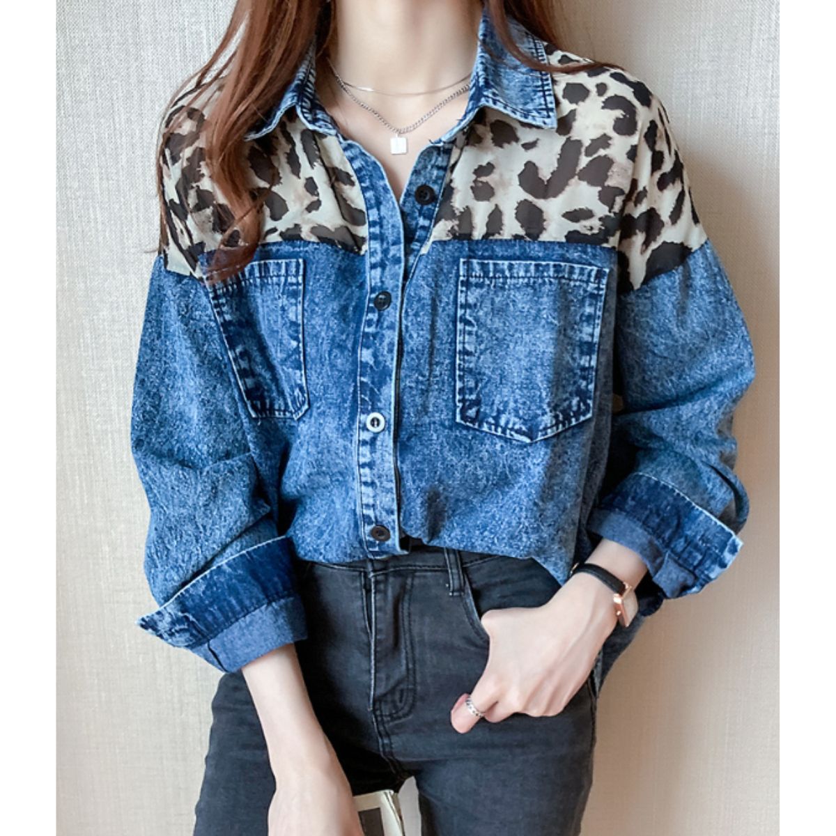 Shirts/レオパード切替デニムシャツ ST/No.22109